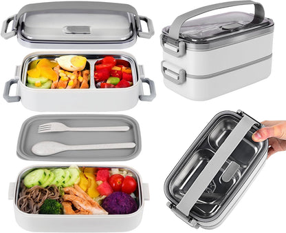 Stainless Steel Bento Box for Adults&Kids,Japanese Leakproof Lunch Box Divided Food Meal Storage Containers Set Stackable 2 Layer for Children School Picnic Beige