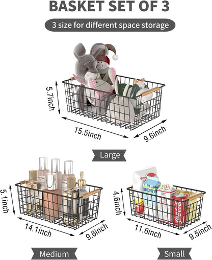 YOUVIP Wire Storage Baskets with Wooden Handles, 3 Pack Metal Organizer Baskets for Kitchen, Pantry, Freezer, Laundry,Farmhouse,Bathroom Baskets for Organizing,Black (1 Small, 1 Medium, 1 Large)