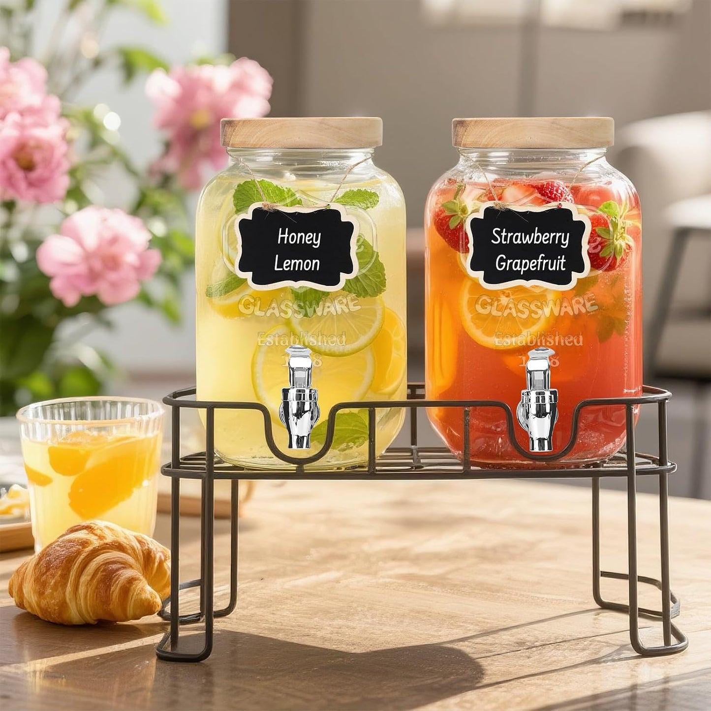 DHSBTLS 2 Gallon Glass Drink Dispensers, 1 Pack Clear Beverage Dispenser for Party, BBQ and Picnic, Juice Dispenser with Ice Core, Black Stand, Spigot, Markers and Chalkboard
