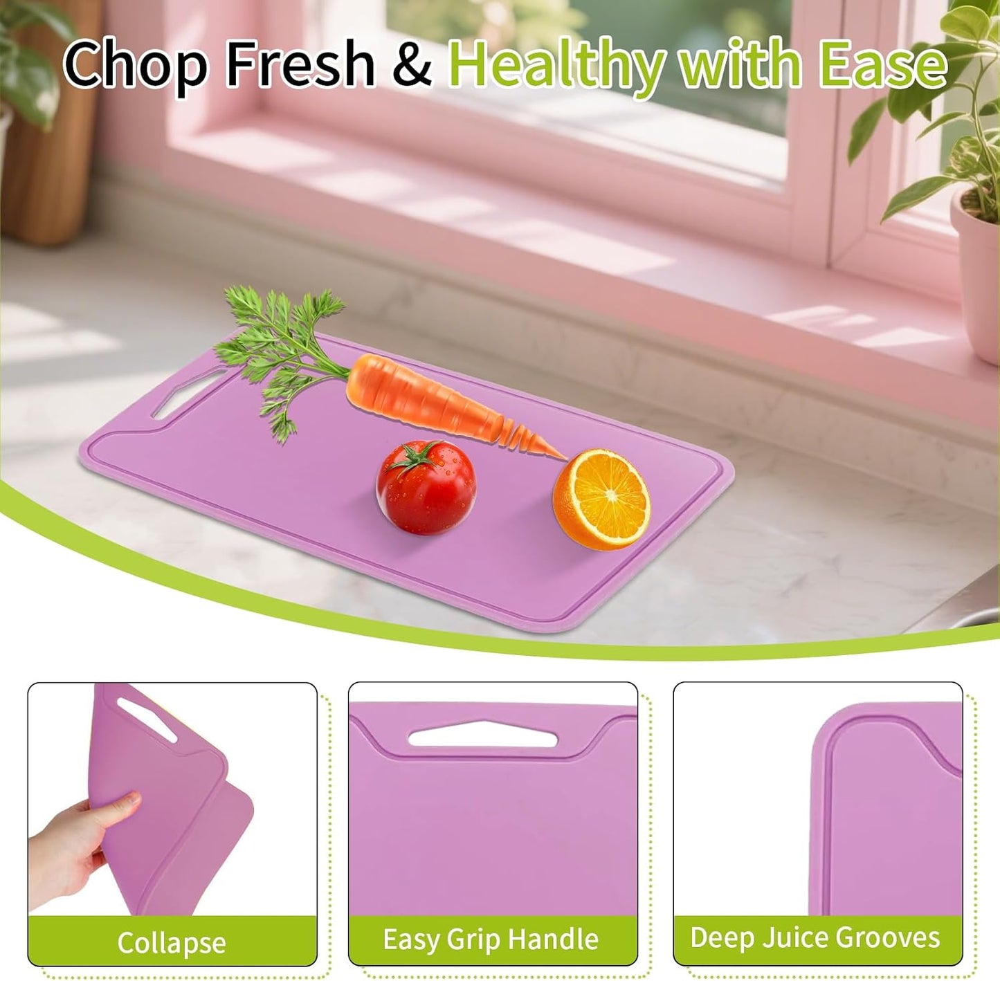 Silicone Cutting Board for Kitchen, 11.8''x 8.6'' Flexible Cutting Boards, BPA Free Non Slip Cutting Mat for Meat, Vegetables and Fruit with Easy Grip Handle, Dishwasher Safe (Deep purple)