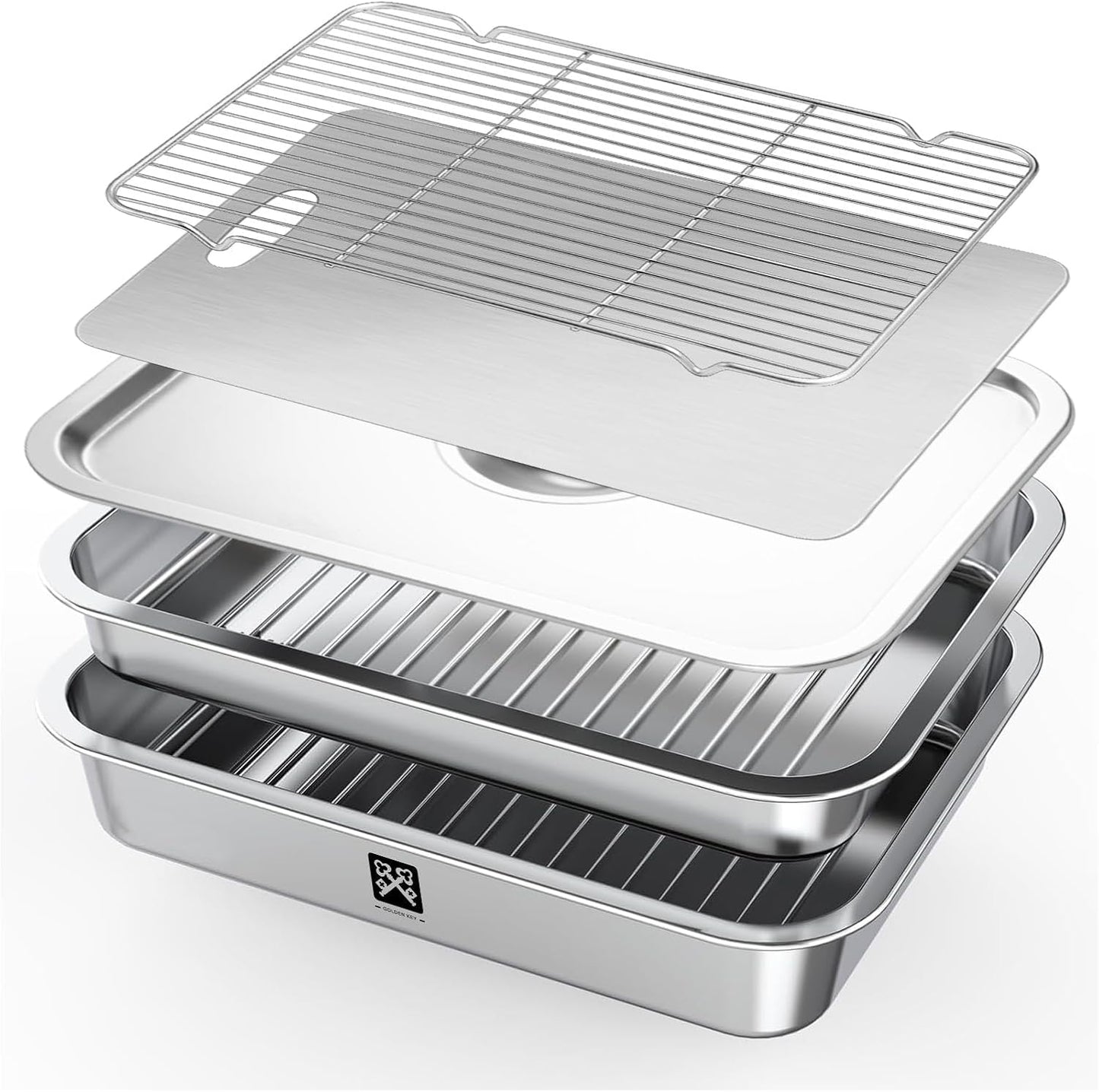 GOLDEN KEY Grilling Prep and Serve Tays,Stainless Steel Grill Carry System,5 Pcs Grill Prep Trays Set for Outdoor Picnic, Heat Resistant, Stackable, Includes Marinade Container & Cutting Board