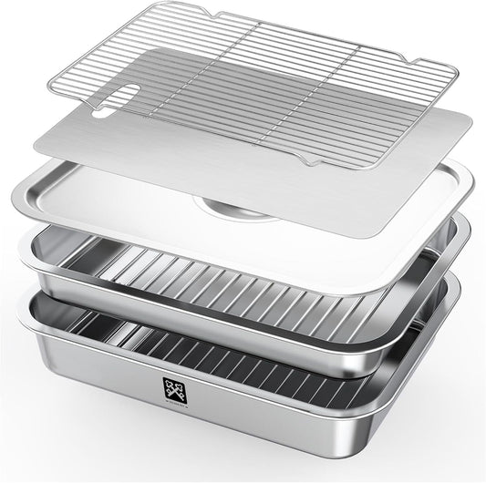 GOLDEN KEY Grilling Prep and Serve Tays,Stainless Steel Grill Carry System,5 Pcs Grill Prep Trays Set for Outdoor Picnic, Heat Resistant, Stackable, Includes Marinade Container & Cutting Board