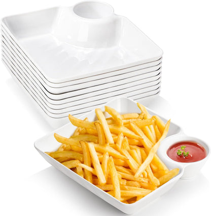 Lawei 10Pcs Chips and Dip Plates, Plastic Serving Platter Set Dumpling Plate with Dipping Saucer, White Divided Snack Serving Dishes for Appetizer, Sushi, Taco Salsa, Charcuterie, Reusable