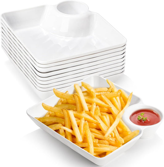 Lawei 10Pcs Chips and Dip Plates, Plastic Serving Platter Set Dumpling Plate with Dipping Saucer, White Divided Snack Serving Dishes for Appetizer, Sushi, Taco Salsa, Charcuterie, Reusable