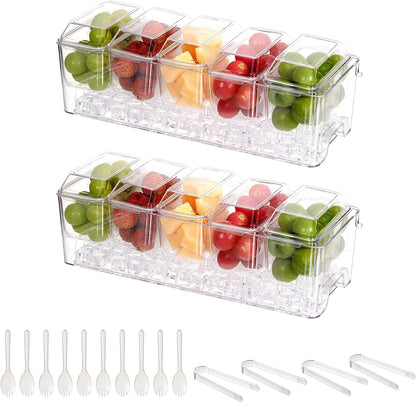 Chilled Condiment Server，Taco Bar Serving Set for Party，15.3" Condiment Serving Platters with 5 Separate Lids and Removable Compartments, Set of 5 Serving Spoons & 2 Clips (5 Containers, 1 pack)