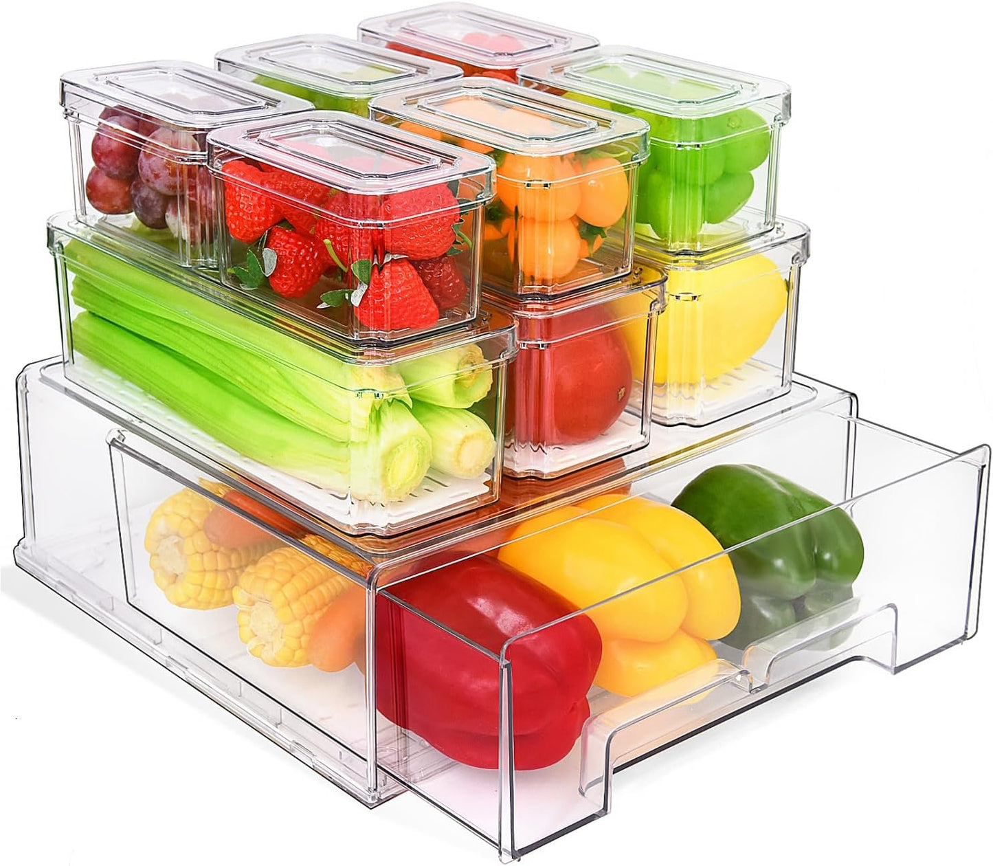 Pomeat 10 Pack Fridge Organizers and Storage Drawers Stackable Refrigerator Organizer Bins Pull out Drawer Clear Fridge Organizer Bins with Lids Fruit and Vegetable Storage Refrigerator Organization