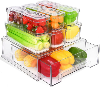 Pomeat 10 Pack Fridge Organizers and Storage Drawers Stackable Refrigerator Organizer Bins Pull out Drawer Clear Fridge Organizer Bins with Lids Fruit and Vegetable Storage Refrigerator Organization
