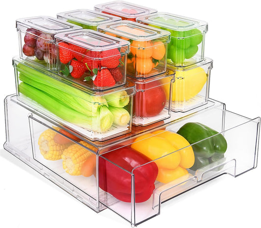 Pomeat 10 Pack Fridge Organizers and Storage Drawers Stackable Refrigerator Organizer Bins Pull out Drawer Clear Fridge Organizer Bins with Lids Fruit and Vegetable Storage Refrigerator Organization