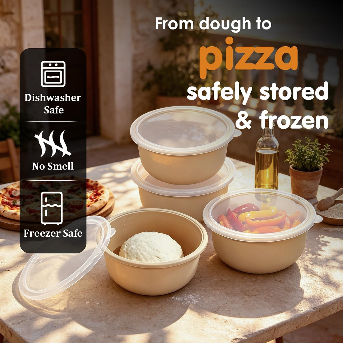 Stackable Silicone Pizza Dough Proofing Containers with Lids,Pizza Dough Proofing Box | Make 12" Pizzas 700ml(Beige)