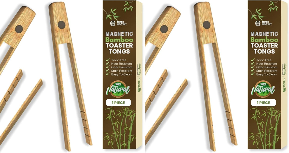 Toaster Tongs With Magnet | Kitchen Utensils For Cooking and Holding Toast Bacon Muffin Bagel Bread | 8 Inch Long Natural Non Toxic Bamboo
