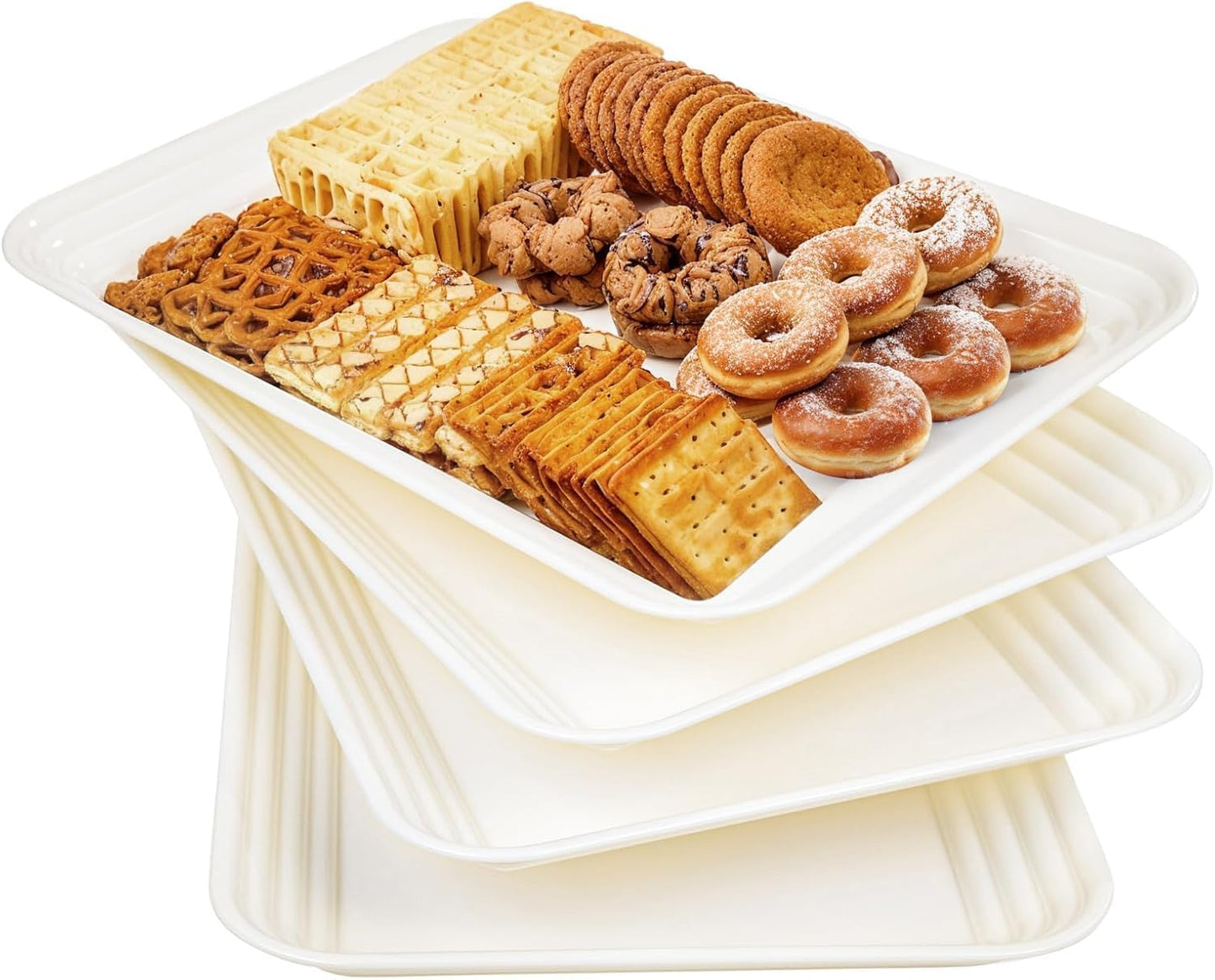 SUT 4-Pack Plastic Large White Serving Trays Set - 16" x 11" Reusable Serving Platters for Cookie, Appetizer, Charcuterie, Snack, Dessert, Party Food Display - Stackable Serving Trays for Party
