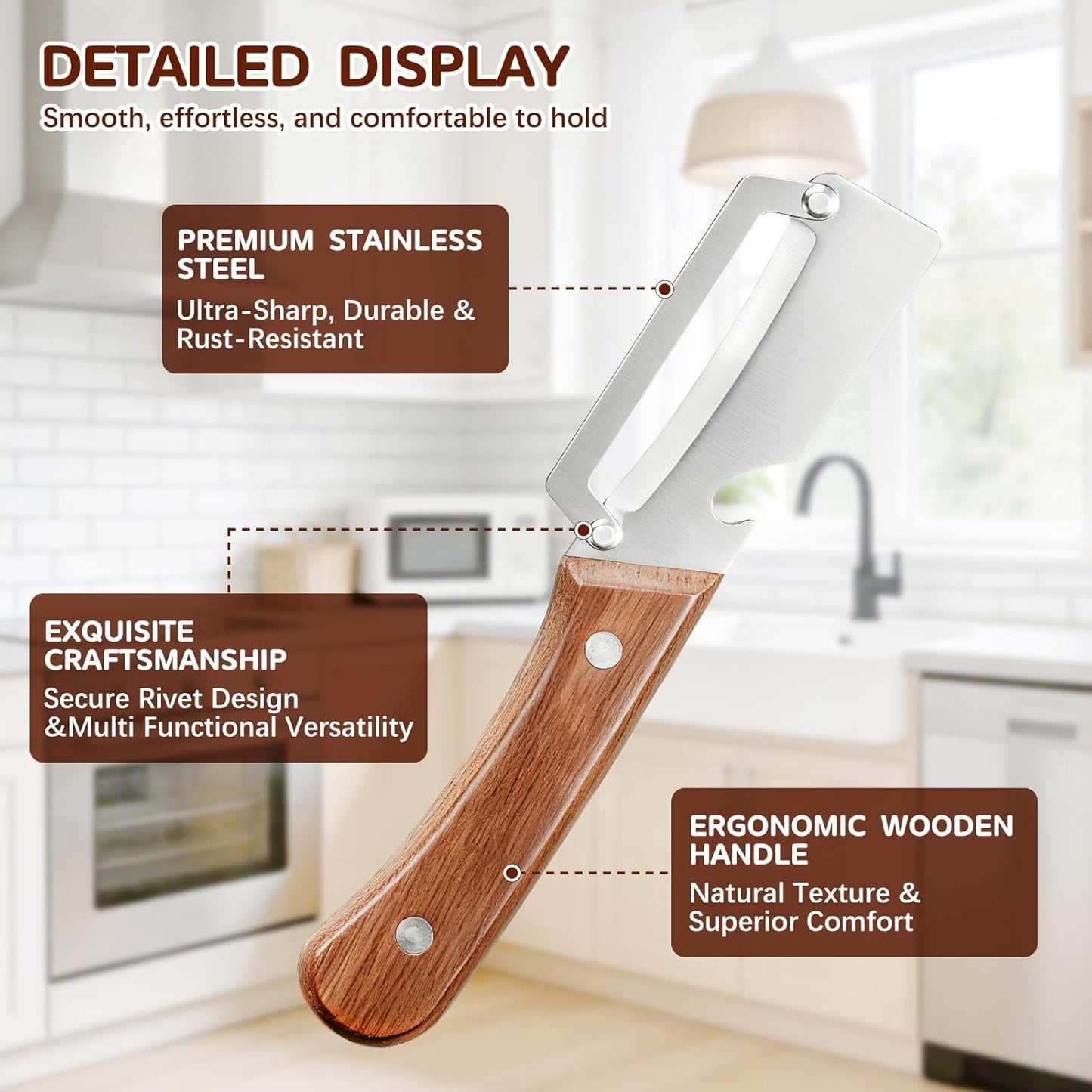 Left & Right Hand Vegetable Peeler Set with Scallion Slicer & Bottle Opener, Thickened Stainless Steel Wide Blade for Smooth Peeling, Wooden Handle Kitchen Peeler for Fruits & Vegetables