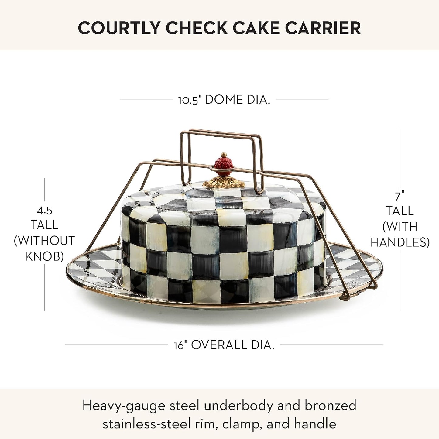 MACKENZIE-CHILDS Cake Carrier, Cake-Dish Serving Platter with Lid and Handles, White Flower Market with Black-and-White Courtly Check