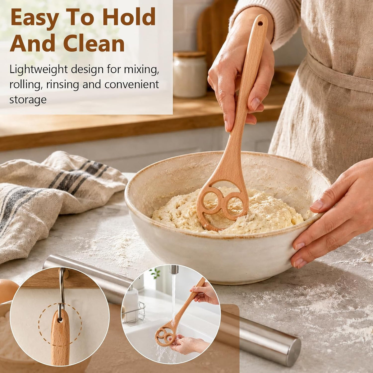13 Inch Danish Dough Whisk, Wooden Dough Mixer for Sourdough Bread, Batter & Pizza Dough, Kitchen Hand Mixing Tool, Includes Stainless Steel Rolling Pin (Heart Style)