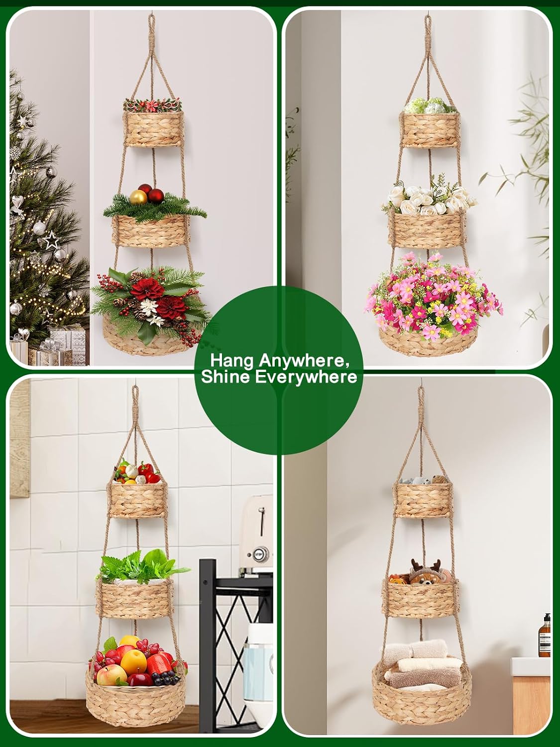 VerdantVibes Woven Wall Hanging Basket – 3-Tier Natural Water-Hyacinth Organizer for Boho Farmhouse Decor, Kitchen & Home Storage (37.4" x 11.2", Folds Flat)