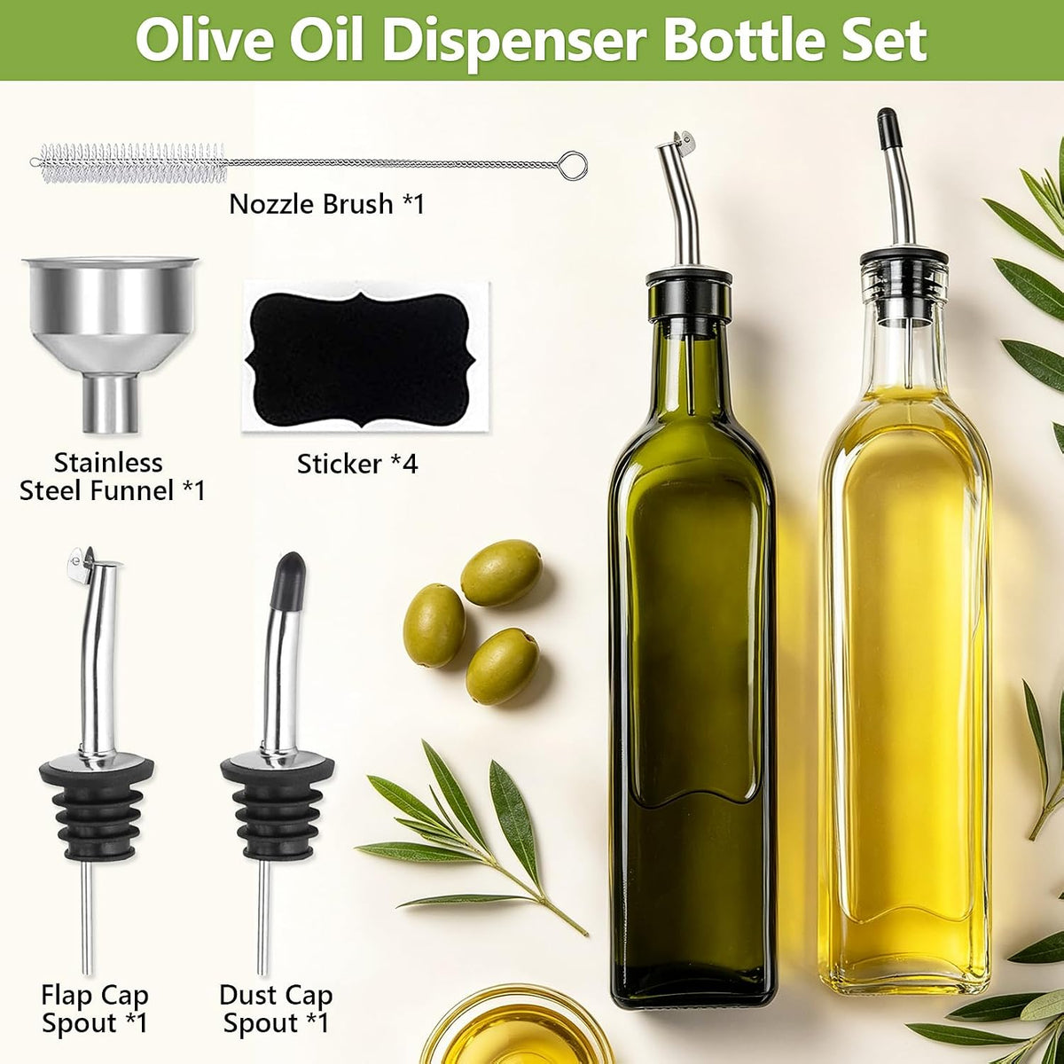 Leaflai Olive Oil Dispenser Bottle, Glass Olive Oil Dispenser and Vinegar Dispenser Set with Stainless Steel Pourers, 4 Labels,1 Brush and 1 Funnel Oil Bottles for Kitchen (500ml)