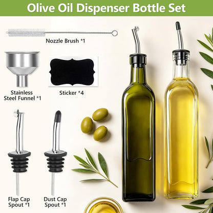 Leaflai Olive Oil Dispenser Bottle, Glass Olive Oil Dispenser and Vinegar Dispenser Set with Stainless Steel Pourers, 4 Labels,1 Brush and 1 Funnel Oil Bottles for Kitchen (500ml)