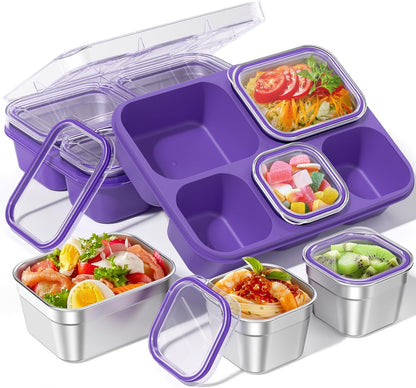BiuLeon Snackle Box Containers, Stainless Steel 5 Compartments Divided Serving Tray with Lid, Removable LeakProof Portable Bento Box for Fruit Candy Nuts Food - School, Picnic and Travel（Blue）