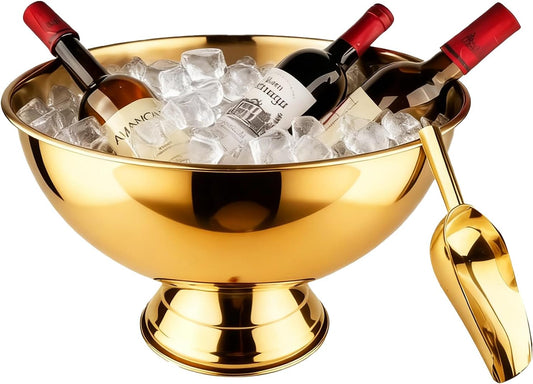 Large Ice Bucket 13L Stainless Steel Champagne Bowl Ice Bucket with Ice Scoop Semicircle Drink Tub with Integrated Base Silver Beverage Tub for Parties, Cocktail Bar, Chilling Wine (1 Pack-Silver)