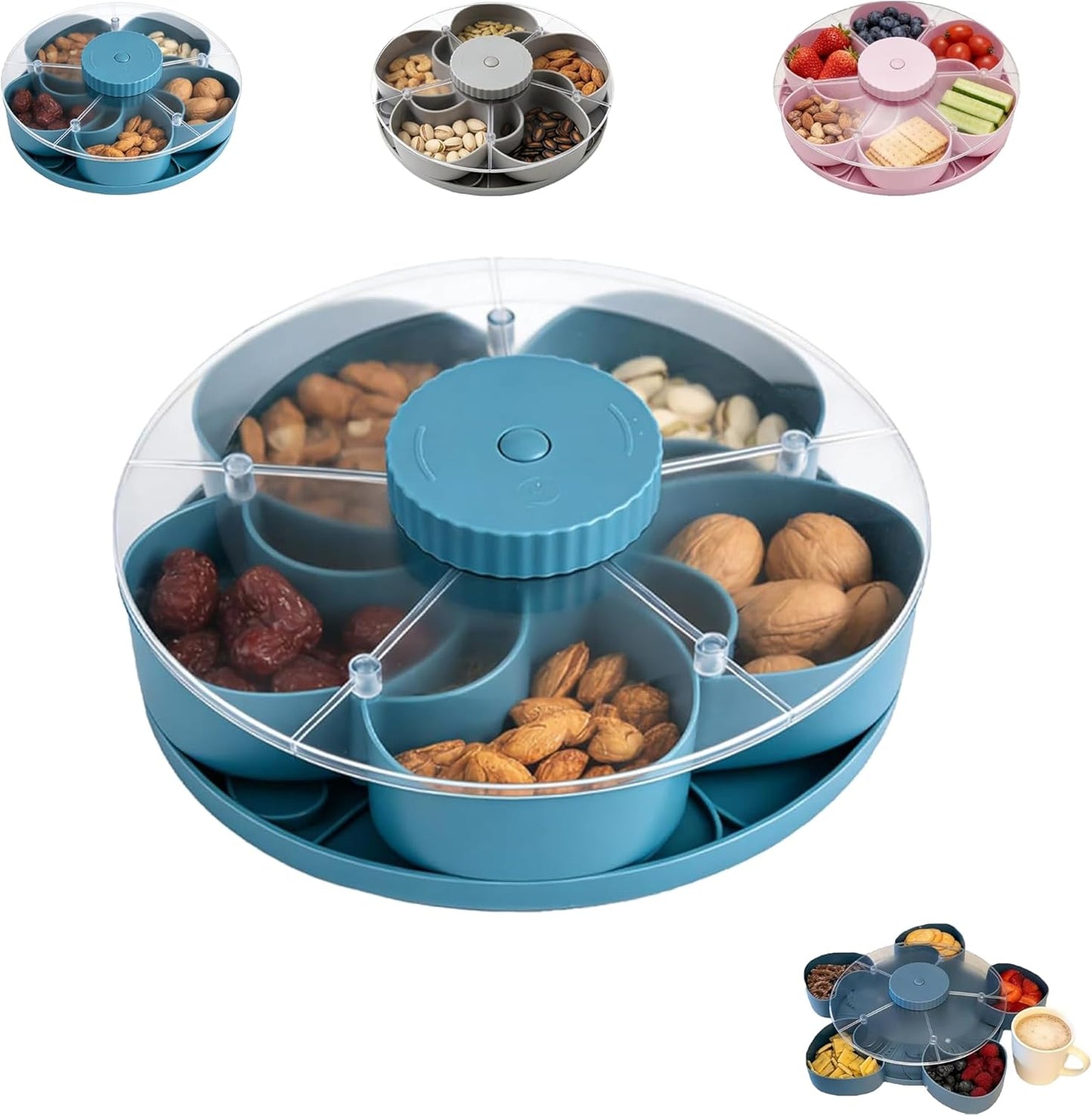 Divided Serving Tray that Spins – Perfect for Snacks, Dips & Party Appetizers with Lid, 5-Compartment Lazy Susan Organizer, Portable Veggie Platter for Party|Travel|Picnic (Blue)