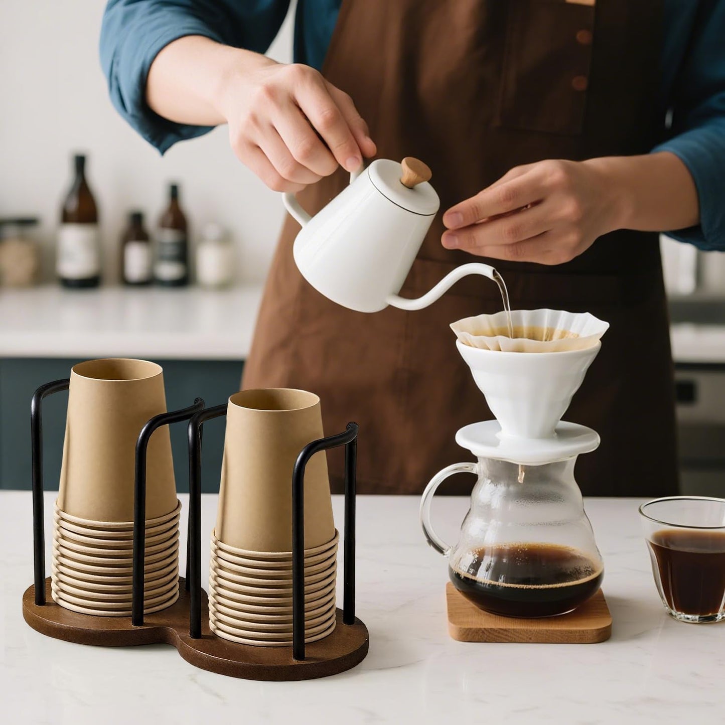 Wood Cup Holder for Cups (Under 3.35in Diameter), Stylish Walnut Disposable Cup Dispenser, Plastic Mouthwash Cup Storage Organizer -Perfect for Office, Kitchen, Gym, School or Cafes