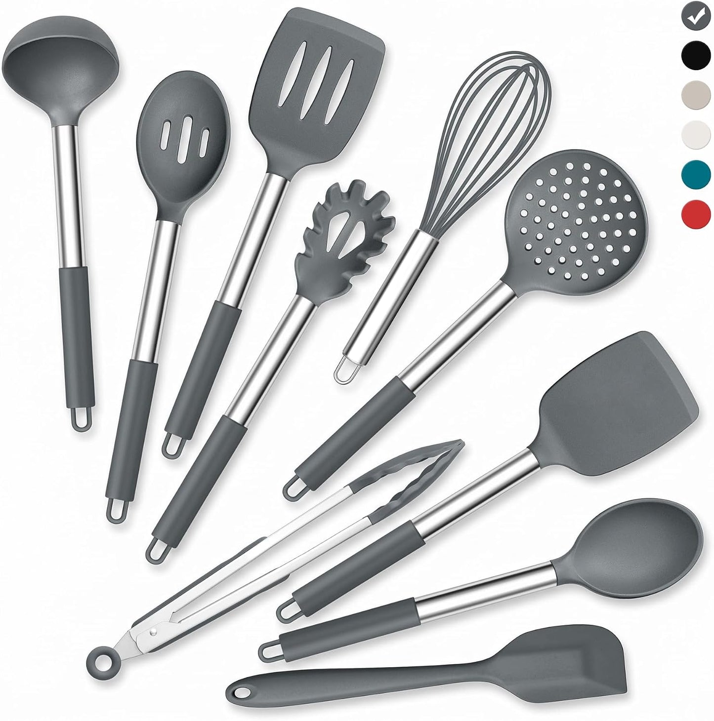 Onader Kitchen Utensils Set, 15 Pcs Silicone Cooking Utensils Set with Holder and Heat Resistant Stainless Steel Handle for Nonstick Cookware - Black