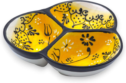 Ceramic Chip & Dip Bowl 7.5”, 3-Compartment Divided Serving Dish & Condiment Tray for Appetizers – Handmade in Spain, Lead-Free Glaze, Microwave, Oven & Dishwasher Safe