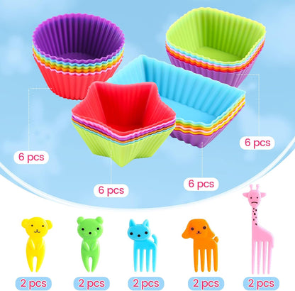 Silicone Lunch Box Dividers,24 pcs Bento Box Dividers with 10 Animal Picks,Silicone Bento Box Inserts,Cupcake Baking Cups,Muffin Pan Liners,Reusable and BPA Free