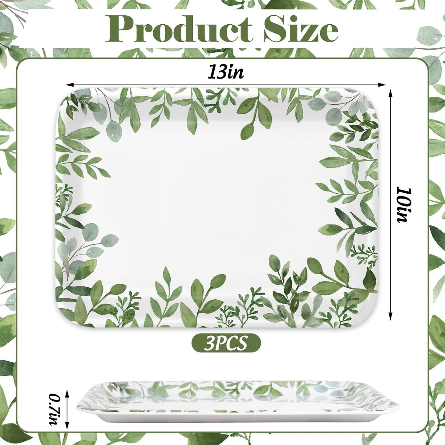 Whaline 3Pcs Greenery Serving Trays Reusable Melamine Platters Green Leaves Serving Dishes for Spring Birthday Wedding Party Food Supplies, 10 x 13 Inch