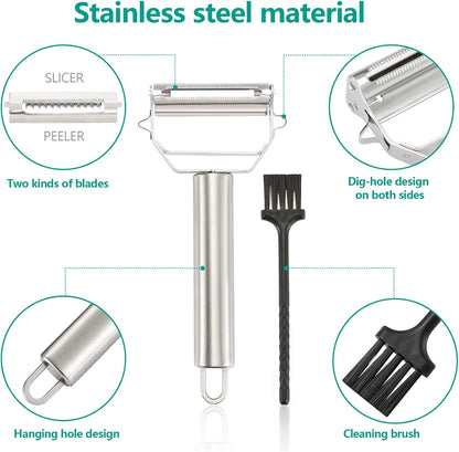 Stainless Steel Peeler Julienne Cutter Slicer for Carrot Potato Melon Vegetable and Fruit with Cleaning Brush