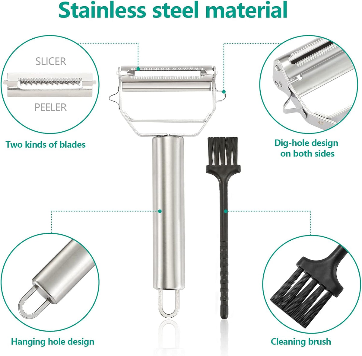 Stainless Steel Peeler Julienne Cutter Slicer for Carrot Potato Melon Vegetable and Fruit with Cleaning Brush