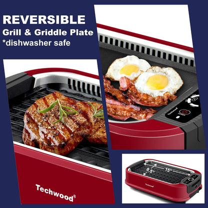 Techwood Indoor Grill Smokeless Grill, Electric Korean BBQ Grill with Glass Lid, Turbo Smoke Extractor Technology, Dishwasher-Safe Drip Tray & Nonstick Grilling Removable Plate, Black, 1500W