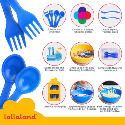 Lollaland 5 Piece Plastic Toddler Silverware Spoon and Fork Utensil Set - Reusable Toddler Cutlery With Hygienic Travel Pouch (Pink)