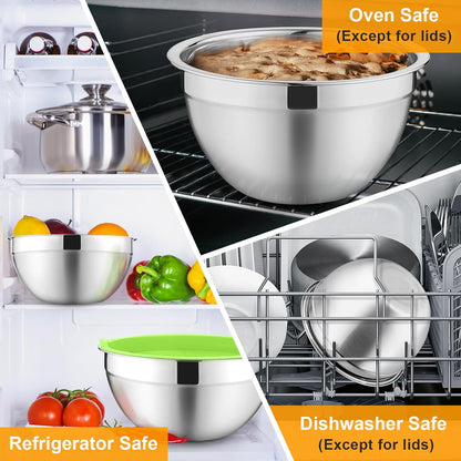 P&P CHEF Mixing Bowls with Lids Set of 6, Stainless Steel Nesting Salad Bowl & 3 Grater Attachments for Prepping Storing, 4.6/2.6/2/1.5/1/0.7 QT, Khaki