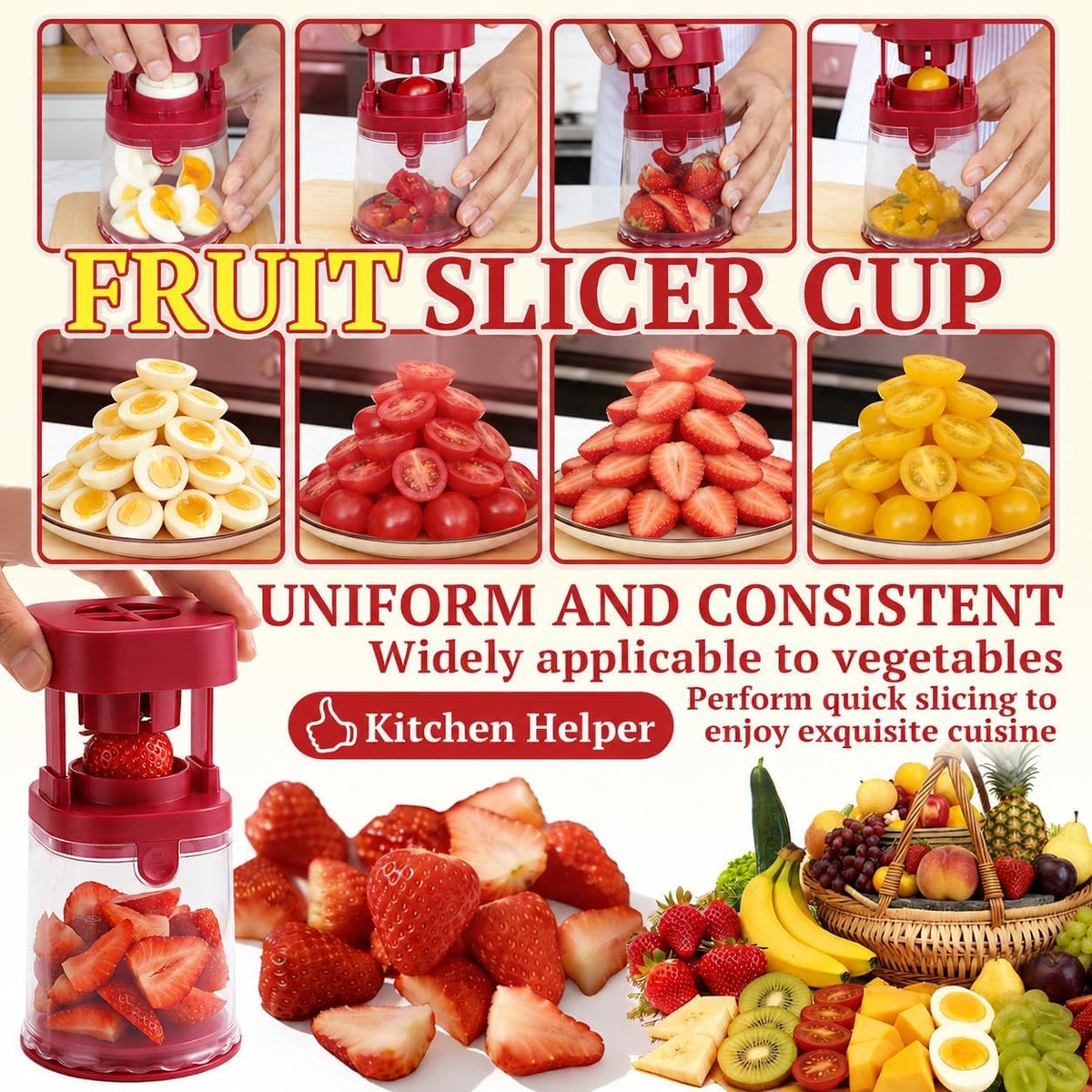 Hendiy Fruit Slicer Cup, Strawberry Slicer Cutter Tool, Grape Slicer Cutter, Multifunctional Fruit Chopper Cup & Cup Slicer for Strawberry, Grape, Cherry Tomato, Kitchen Gadget for Salad (Red)