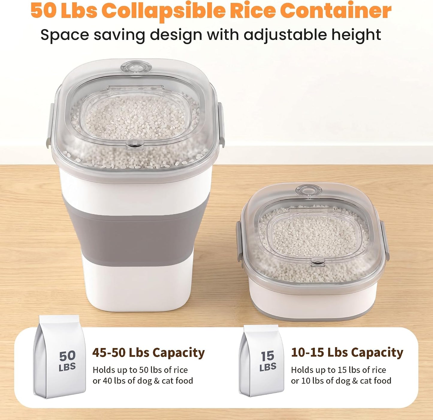 50 Lbs Rice Storage Container with Wheels, Collapsible Airtight Rice Holder with Transparent Lid, Measuring Cup, Scoop, Handle, BPA Free Food Storage Container for Pet Food, Grain, Bird Seed