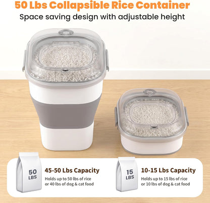50 Lbs Rice Storage Container with Wheels, Collapsible Airtight Rice Holder with Transparent Lid, Measuring Cup, Scoop, Handle, BPA Free Food Storage Container for Pet Food, Grain, Bird Seed