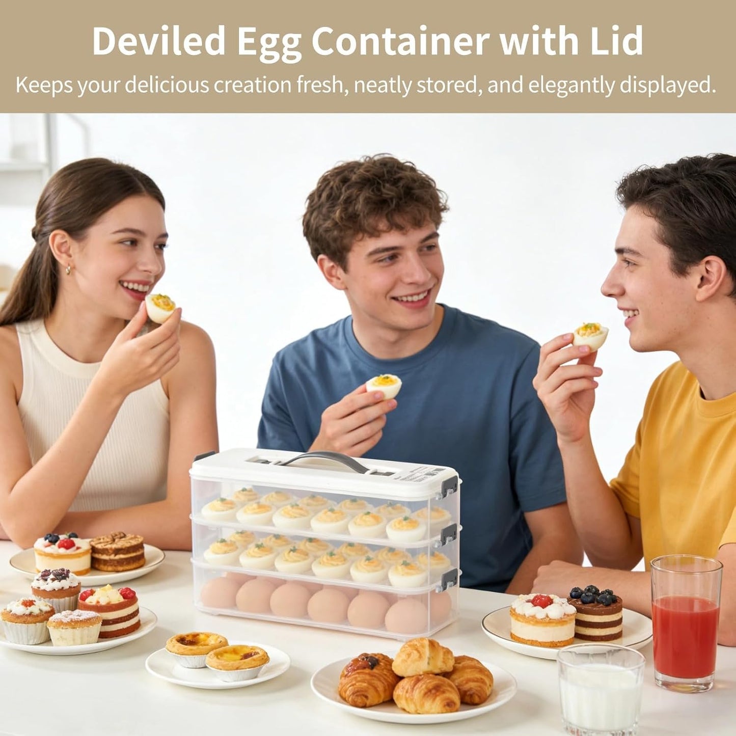 3-Layer Deviled Egg Container with 36 Slots, Stackable Carrier, Handle, for Refrigerator, Pantry, and Travel, 12.2X4.8X6.7