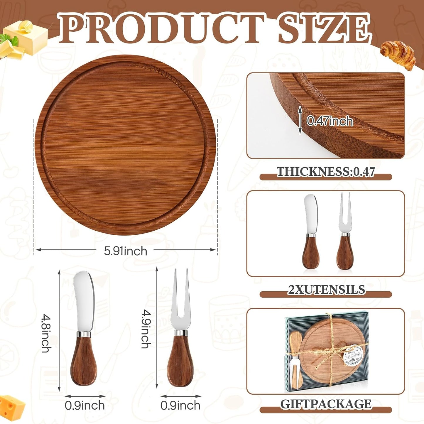 Maxcheck 6 Sets Baby Shower Bridal Game Prizes for Winners Round Cheese Board Set Wood Mini Charcuterie Board with Knives and Forks Thank You Card with Gift Box for Guests Wedding (Bamboo)