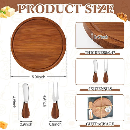 Maxcheck 6 Sets Baby Shower Bridal Game Prizes for Winners Round Cheese Board Set Wood Mini Charcuterie Board with Knives and Forks Thank You Card with Gift Box for Guests Wedding (Bamboo)