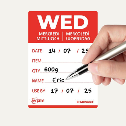 Avery Removable, Hand Writable, Detailed Food Day Labels, Strong Adhesive, 40 x 56 mm, Sunday, Black, 500 Labels, Preprinted Design (DLDSUNREV-500)