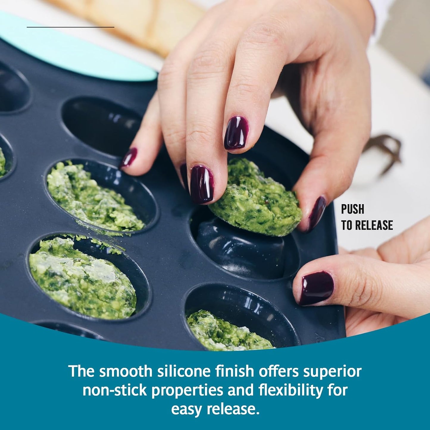 Trudeau Structure Silicone Muffin Pan – 12 Cup, Flexible Silicone with Hard Lining to Hold Shape, Non-Stick, BPA-Free, Dishwasher Safe, Heat Resistant to 428°F – Grey/Mint