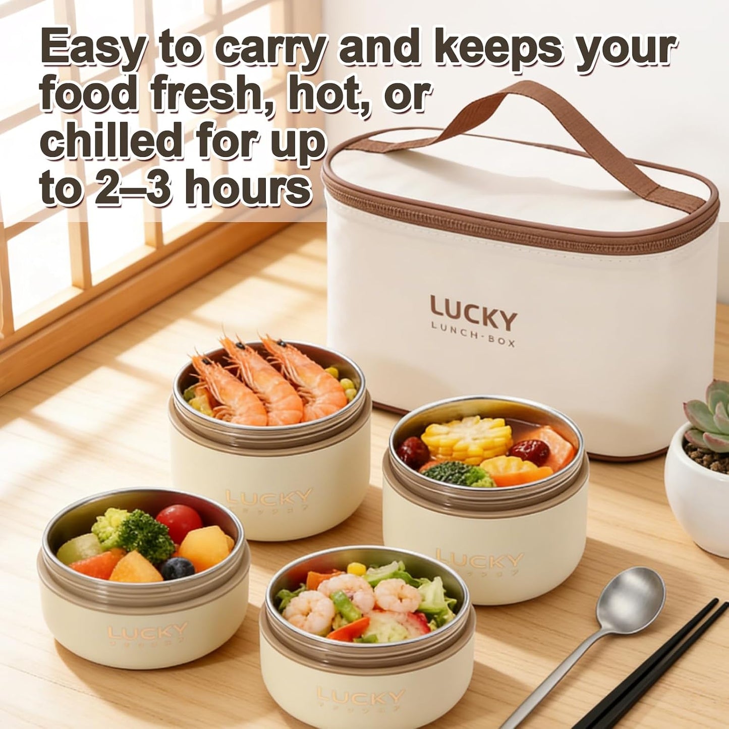 3 Compartments Bento Lunch box with Soup Bowl, Insulated Lunch Bag and Portable Utensils, Stainless Steel Camera Lunch Containers，Leak Proof Bento Box for Kids Adults Men Women…