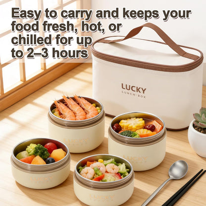 3 Compartments Bento Lunch box with Soup Bowl, Insulated Lunch Bag and Portable Utensils, Stainless Steel Camera Lunch Containers，Leak Proof Bento Box for Kids Adults Men Women…