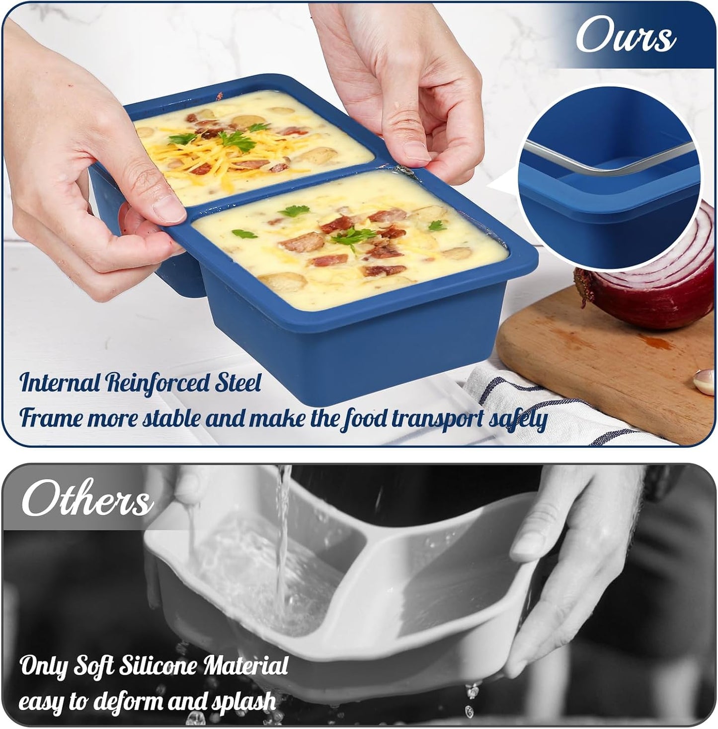 Koluti 2-Pack Nonstick Silicone 3 Soup Freezer Mold, 1-Cup Large Sauce Ice Tray with Plastic Lid, Stackable Freezing Maker Meal Prep Food Storage Container, Dishwasher Safe & BPA Free