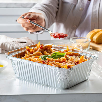 GUSTO [1 lb - 50 Count Disposable Aluminum Foil Pans with Clear Dome Lids, 5x4 Takeout Pans – Great for Baking, Cooking, Storage, and Freezing (Formerly Comfy Package)