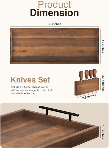 TIDITA Acacia Large Charcuterie Boards for Party with Cheese Knife Set of 4 – Acacia Wood Serving Tray with Handles, Long Charcuterie Board, Wooden Cheese Board (Walnut Color, 30 Inch)
