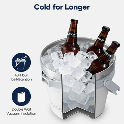 BUZIO 7.4 Qt/7 L Insulated Ice Bucket with Lid, Scoop, Tongs & Metal Cups, Double Wall Vacuum Stainless Steel Beer Bucket, Holds 6 Longnecks/3 Wine Bottles, for Parties Bar, Black