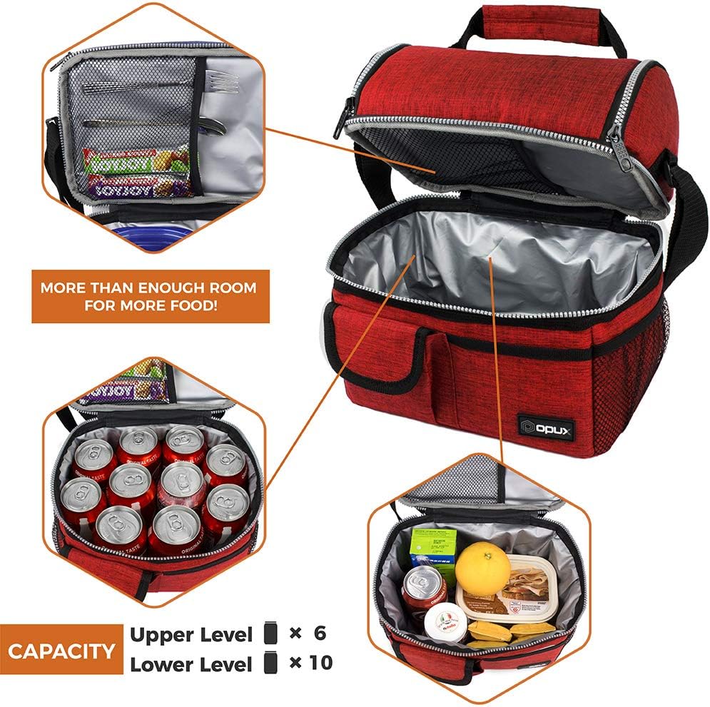 opux Insulated Lunch Bag Women Men, Dual Compartment Leakproof Lunch Box Adults Kids, Double Decker Meal Prep Bento Lunch Cooler Tote with Shoulder Strap for Work Office School Travel, Floral Purple