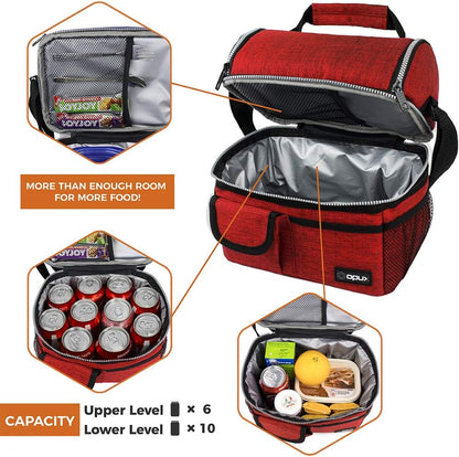 opux Insulated Lunch Bag Women Men, Dual Compartment Leakproof Lunch Box Adults Kids, Double Decker Meal Prep Bento Lunch Cooler Tote with Shoulder Strap for Work Office School Travel, Floral Purple